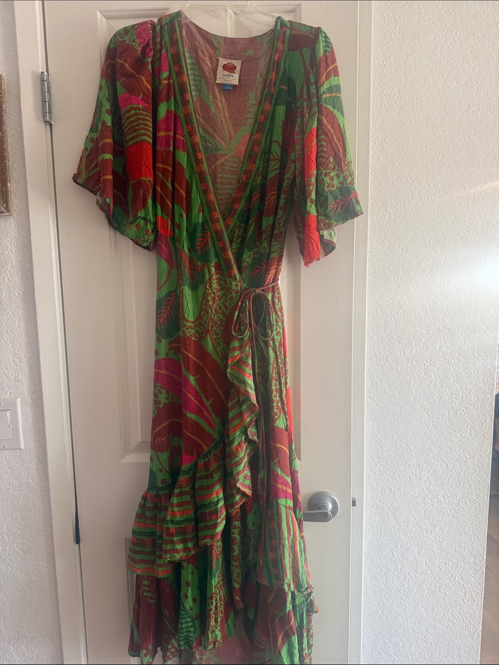 Anthropologie Farm Rio Green and Red Printed Wrap Maxi Dress M